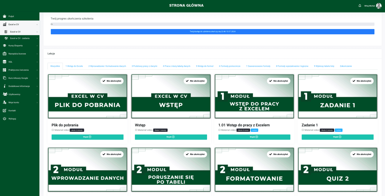 zrzut ekranu z modułu excel w cv